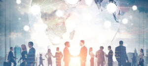 image showing global collaboration with professional employees shaking hands, interacting, with large globe in background Worldwide Sourcing & Solutions United States, China